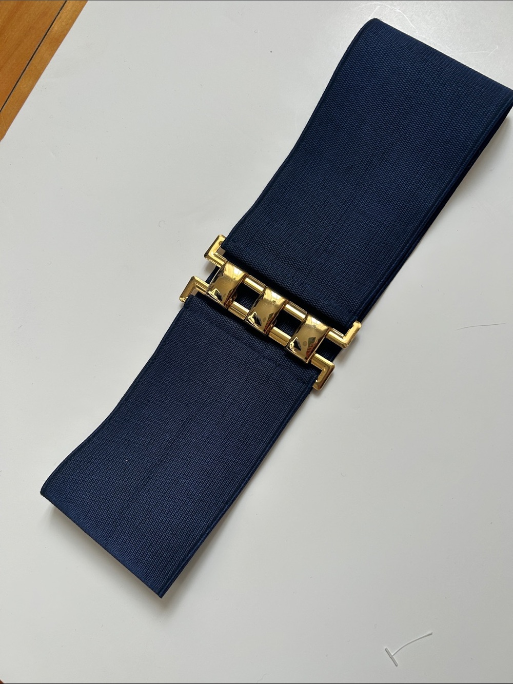 Vintage Stretch Elastic Cinch Belt Navy Blue Gold Detail 90s 80s Y2K